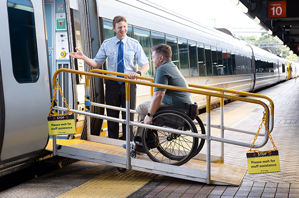 A customer leaves the service using an Onboard Ramp.