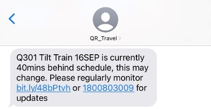 Example screenshot of a disruption text regarding Tilt Train service