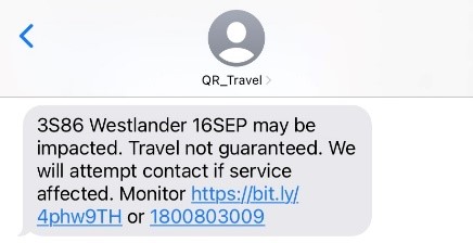 Example screenshot of a disruption text regarding Westlander service