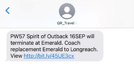 Example screenshot of a disruption text regarding Spirit of the Outback service